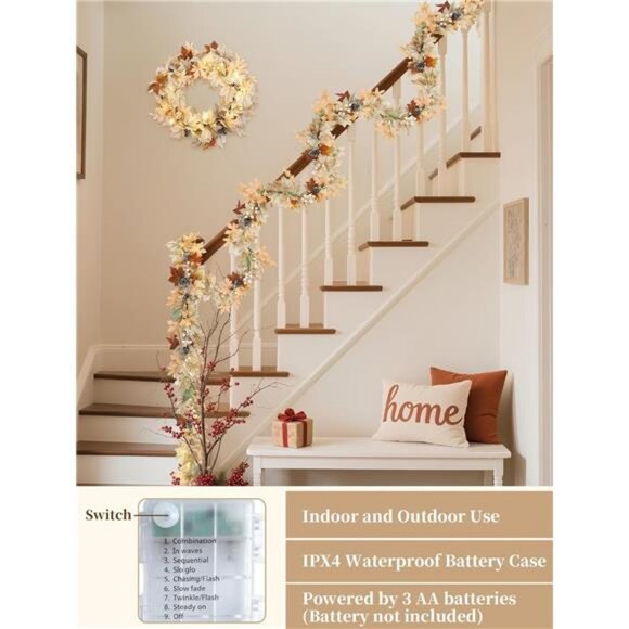 Fall Leaves Garland for Mantle: 6ft Fall Garland with 40 LED Lights - 8 modes - Picture 3 of 7